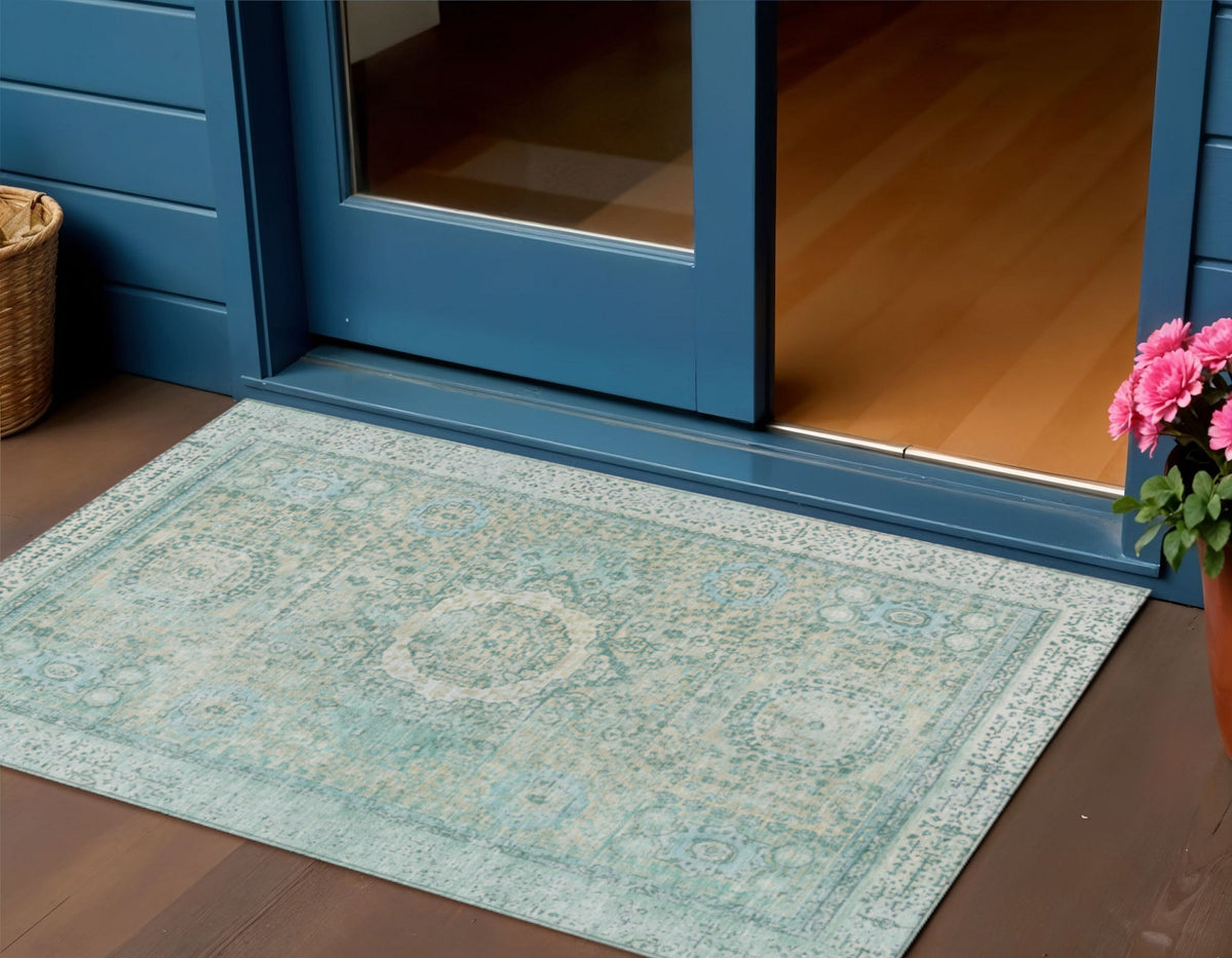 3 X 5 Turquoise And Beige Floral Medallion Washable Indoor Outdoor Area Rug