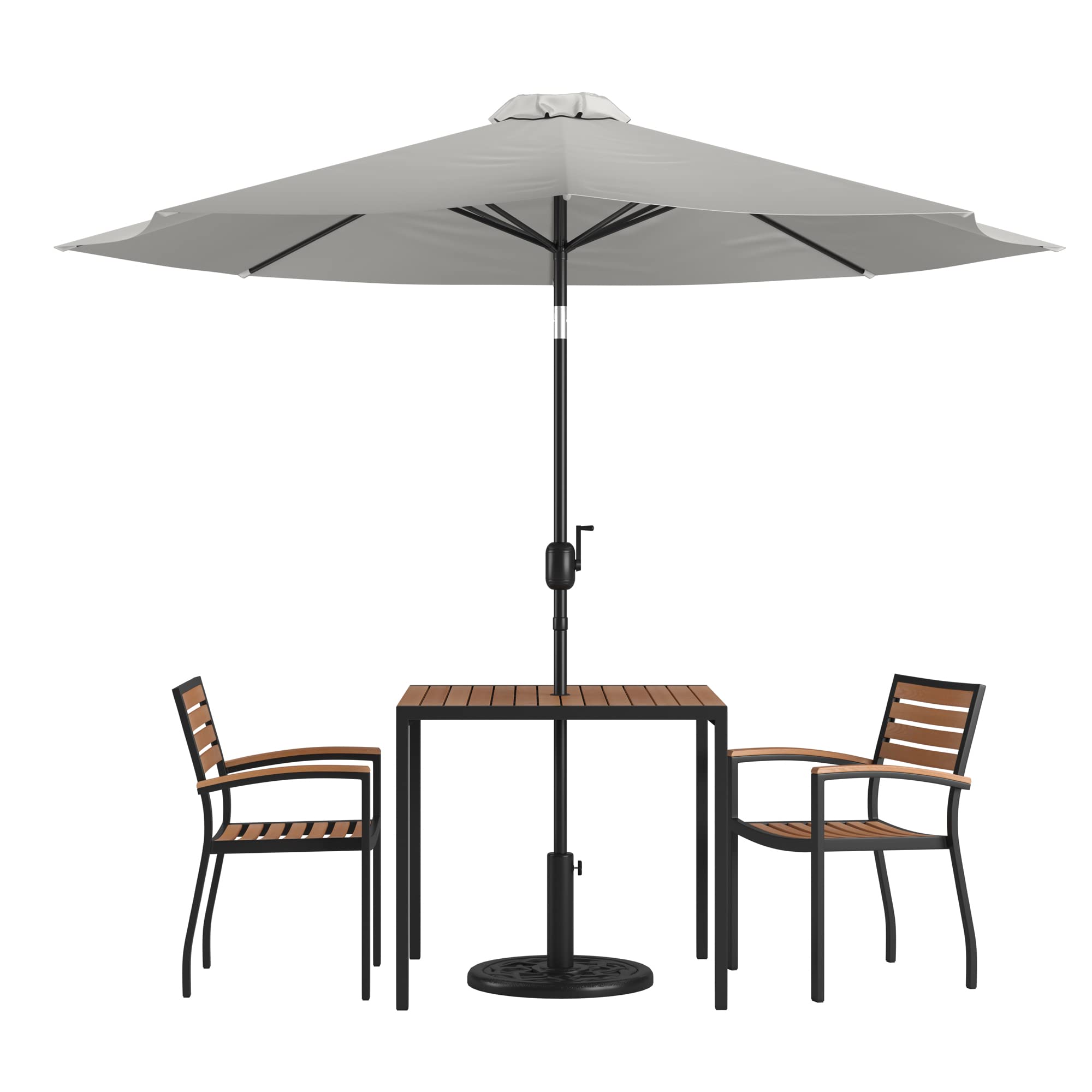 Flash Furniture 5 Piece Outdoor Patio Dining Table Set - 2 Synthetic Teak Stackable Chairs with Arms - 35&quot; Square Table - Gray Umbrella with Base