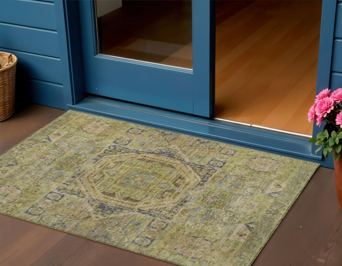 3 X 5 Artichoke Green And Blue Medallion Washable Indoor Outdoor Area Rug