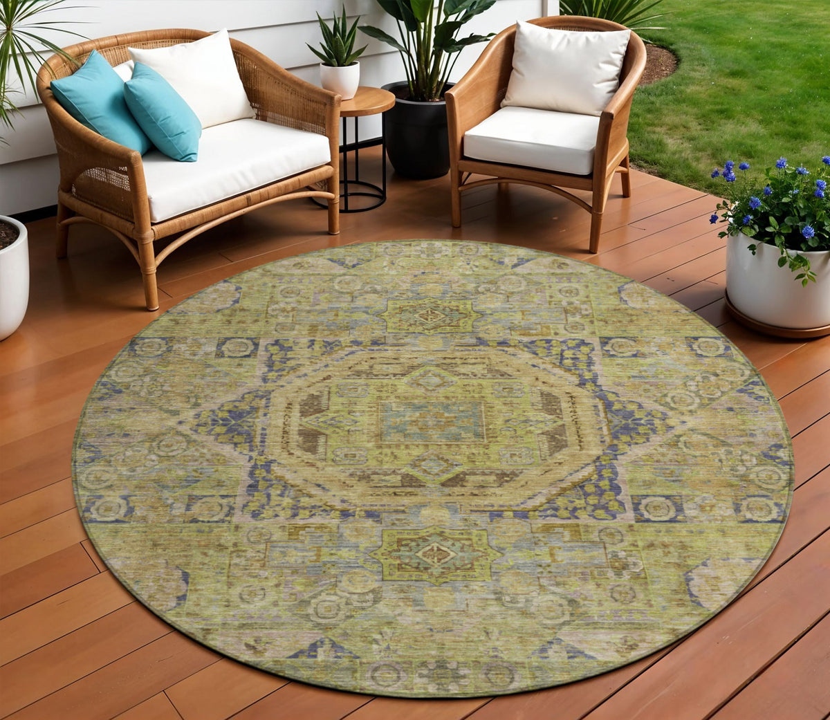 8 Artichoke Green And Blue Round Medallion Washable Indoor Outdoor Area Rug