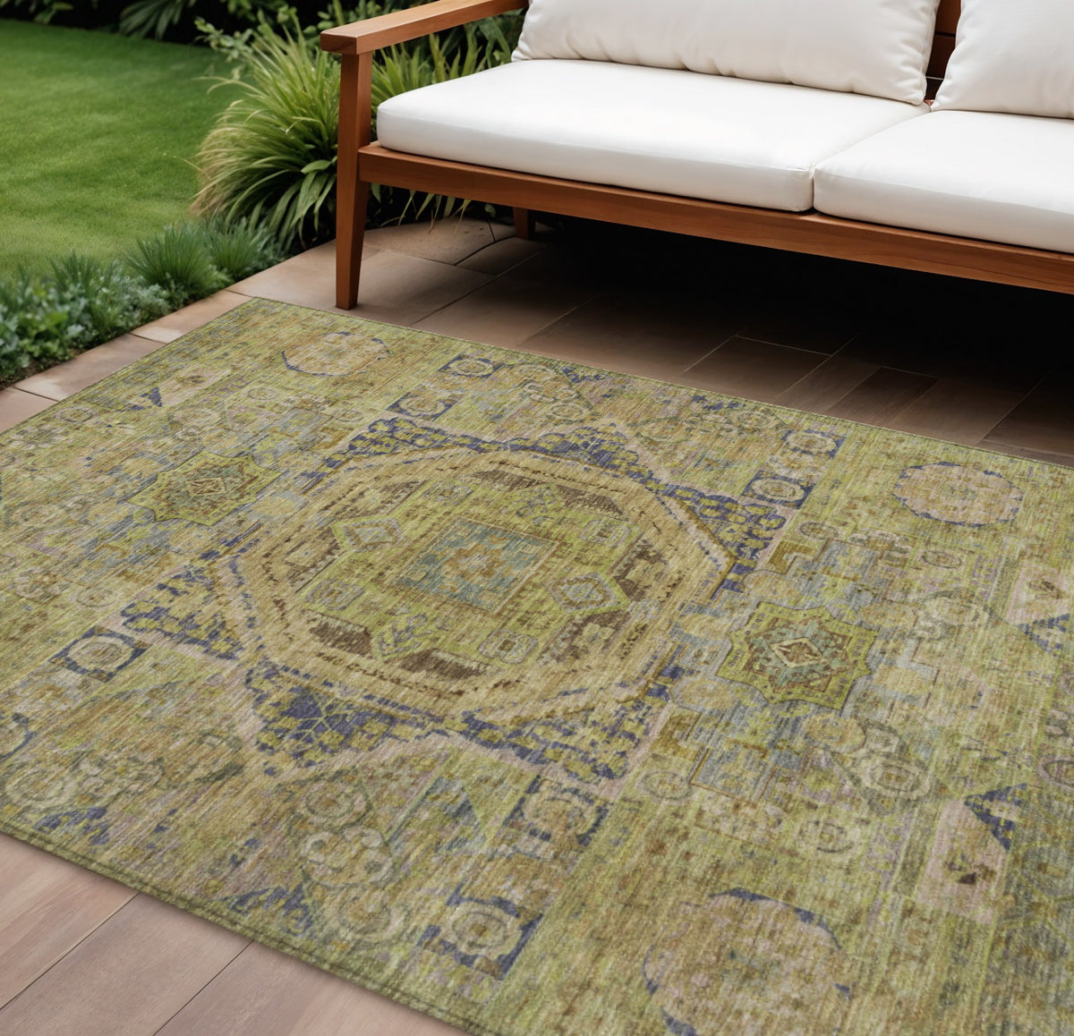 10 X 14 Artichoke Green And Blue Medallion Washable Indoor Outdoor Area Rug