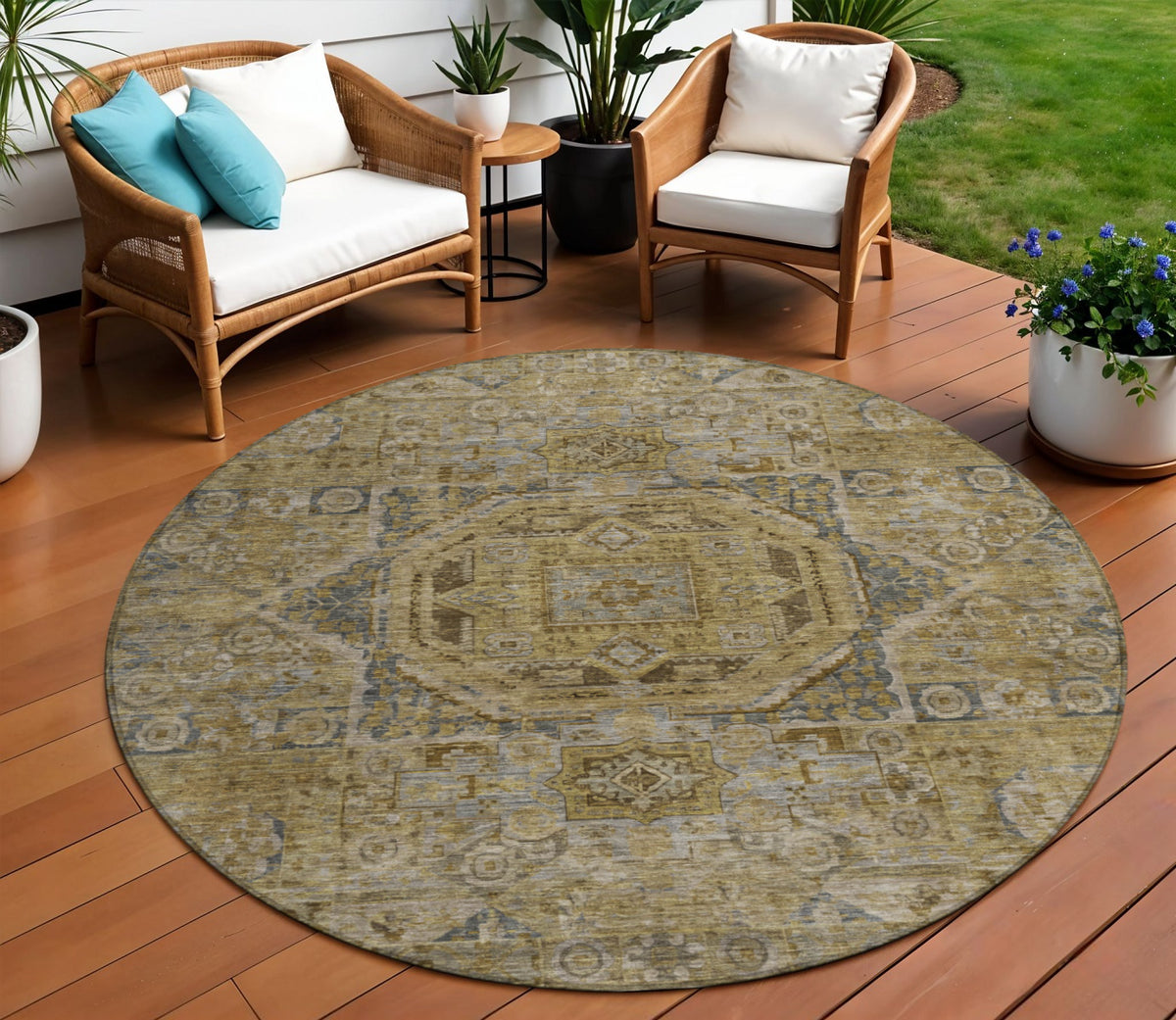 8 Brown And Blue Round Medallion Washable Indoor Outdoor Area Rug
