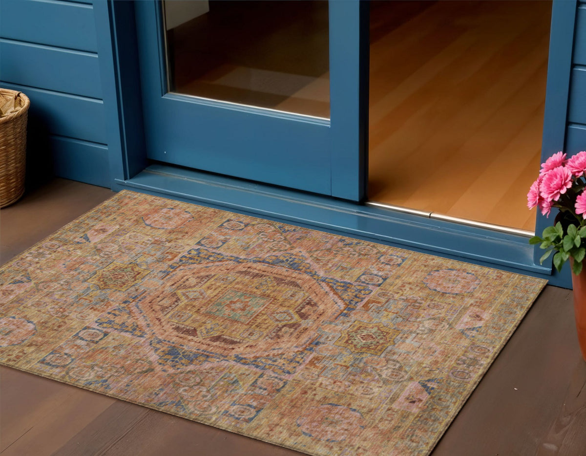 3 X 5 Rust And Blue Medallion Washable Indoor Outdoor Area Rug