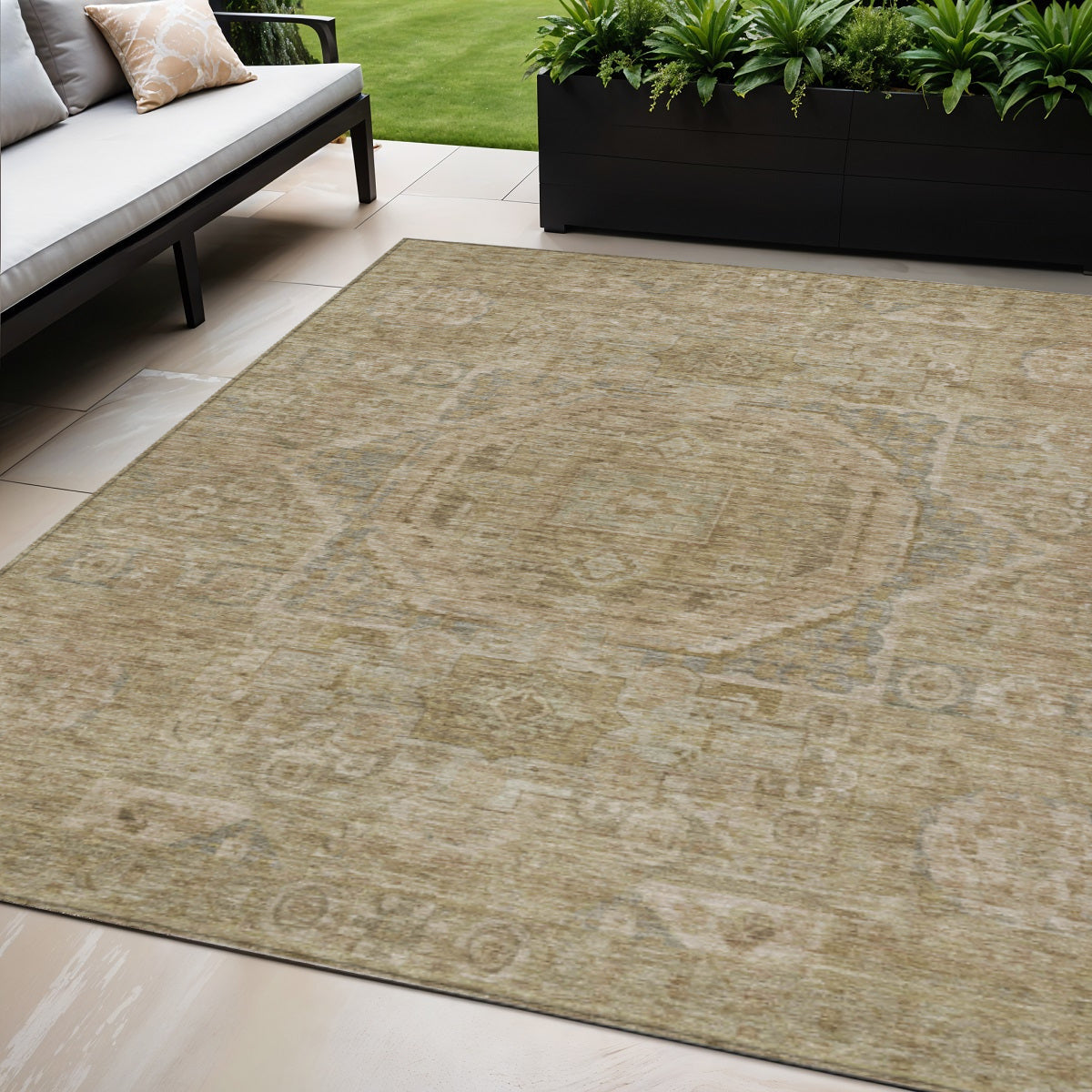 5 X 8 Tan And Gray Medallion Washable Indoor Outdoor Area Rug