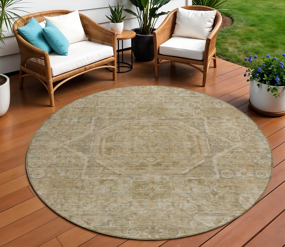 8 Tan And Gray Round Medallion Washable Indoor Outdoor Area Rug