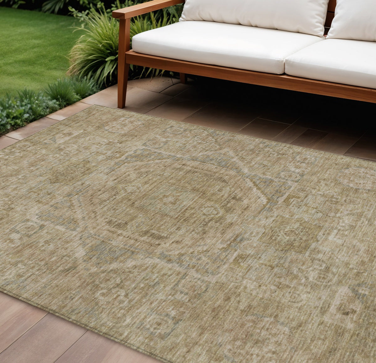 9 X 12 Tan And Gray Medallion Washable Indoor Outdoor Area Rug
