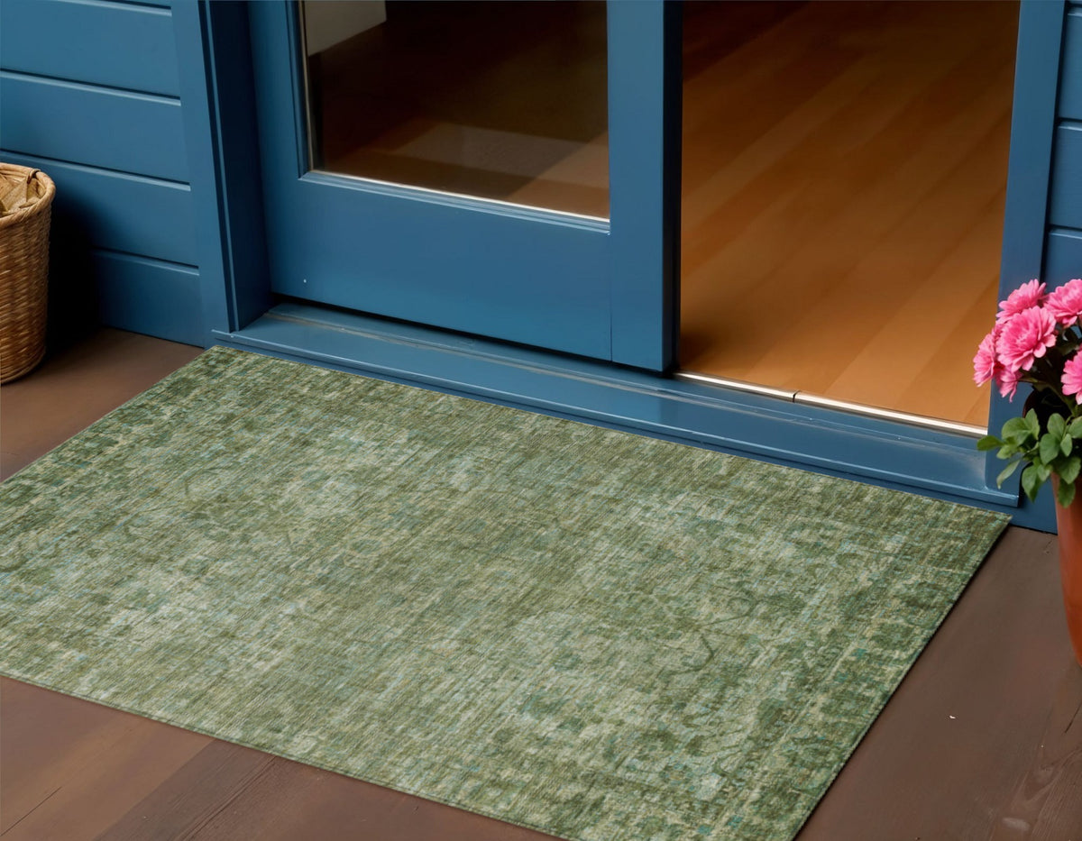 3 X 5 Olive Green And Ivory Floral Medallion Washable Indoor Outdoor Area Rug