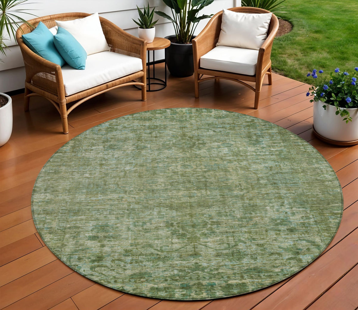 8 Olive Green And Ivory Round Floral Medallion Washable Indoor Outdoor Area Rug