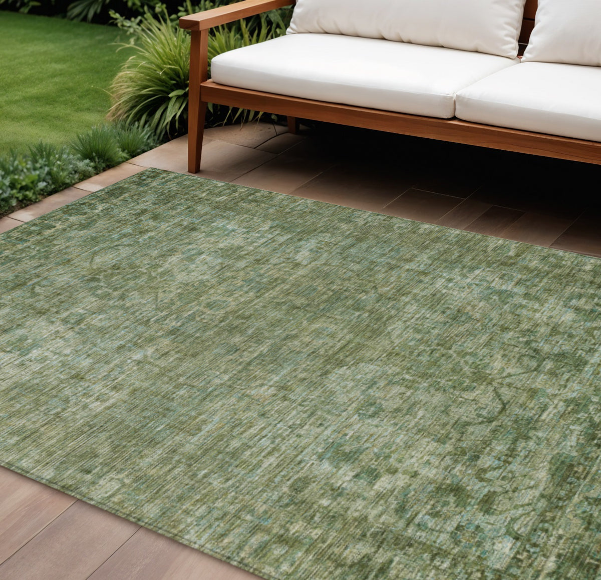 8 X 10 Olive Green And Ivory Floral Medallion Washable Indoor Outdoor Area Rug
