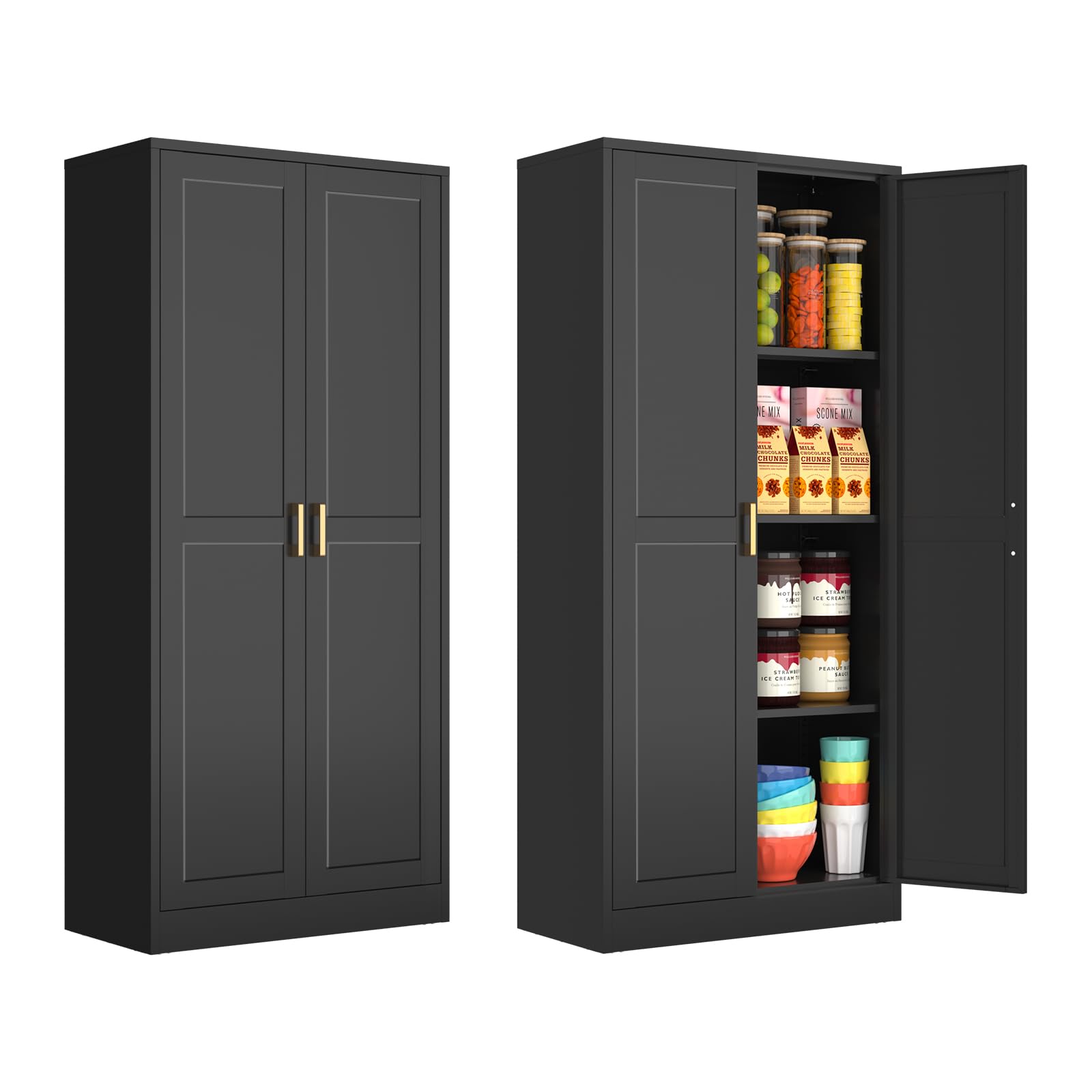 Polup 60 Inch Tall Pantry Cabinet, Metal Kitchen Storage Cabinet With Doors And Shelves, Black Cupboard For Food Storage, Freest