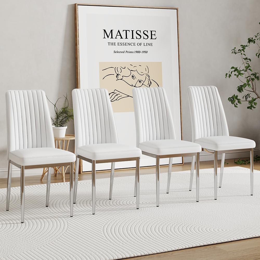 Rdueei White Leather Chair, Modern Dining Chair Set Of 4 With Pu Leather And Chrome Leg, Sillas De Comedor With High Back For Di