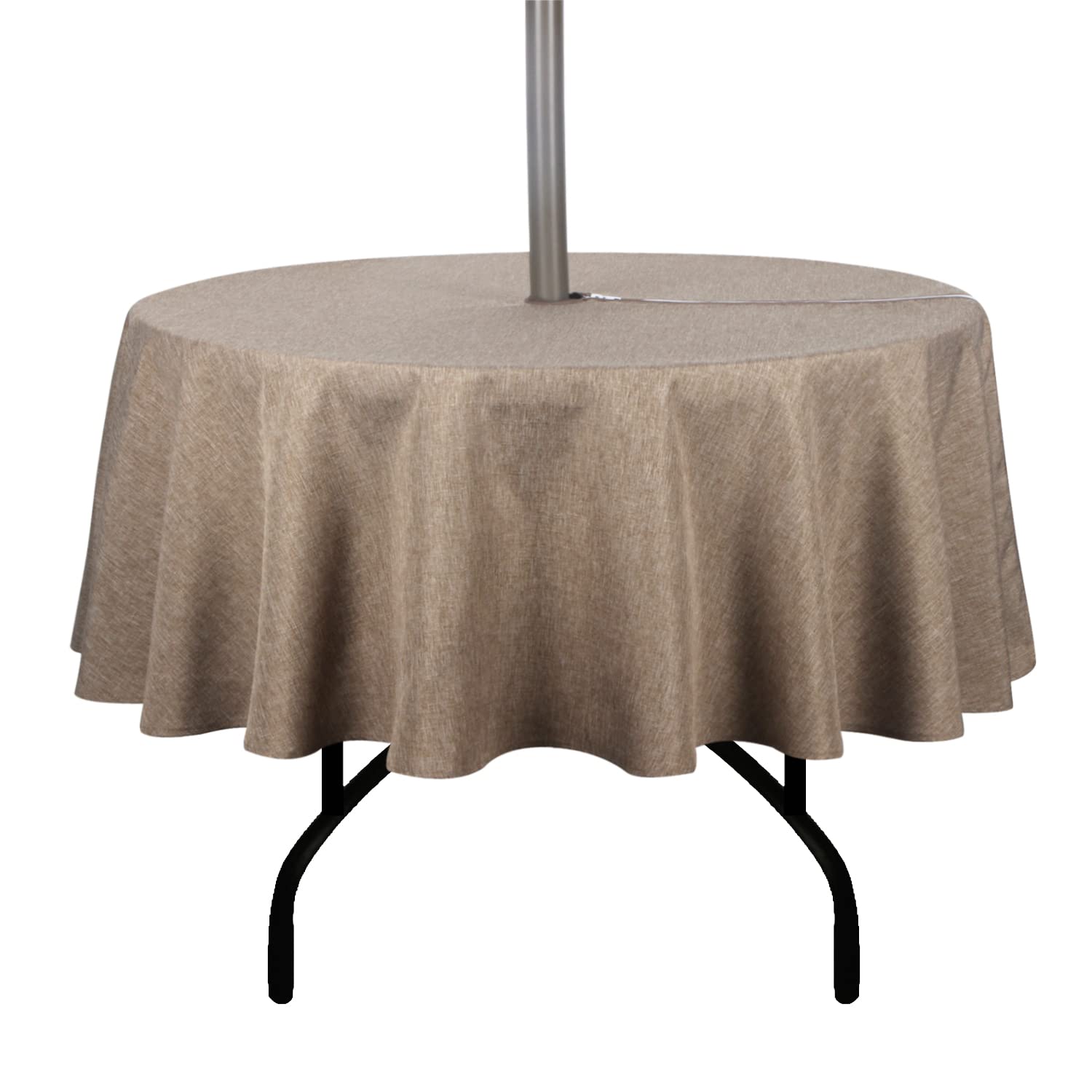 Youngseahome Outdoor Tablecloth Wrinkle-Free Stain Resistant Waterproof Polyester Fabric Table Cover With Zipper Umbrella Hole For Picnic/Party/Dinner/Patio Garden(70Inch Round,Zippered,Flax)