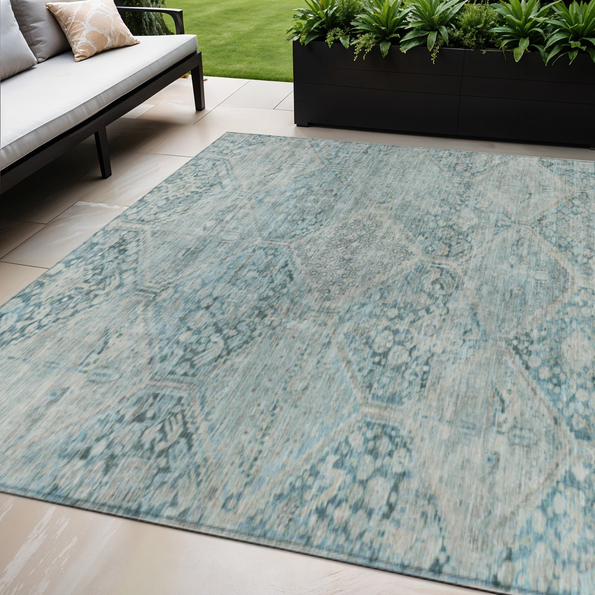 5 X 8 Blue And Silver Geometric Washable Indoor Outdoor Area Rug