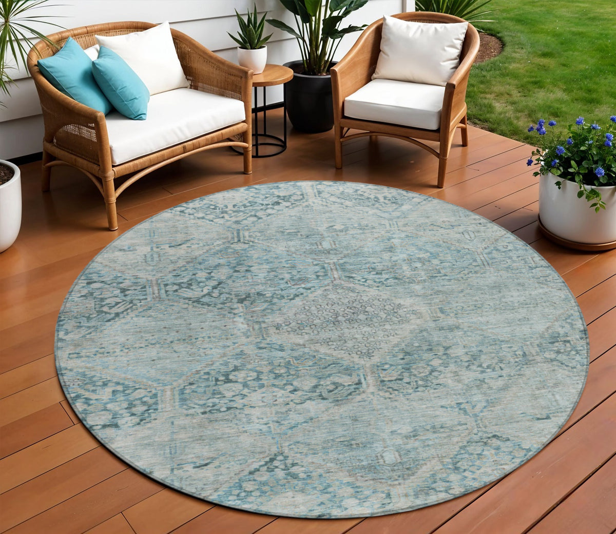 8 Blue And Silver Round Geometric Washable Indoor Outdoor Area Rug