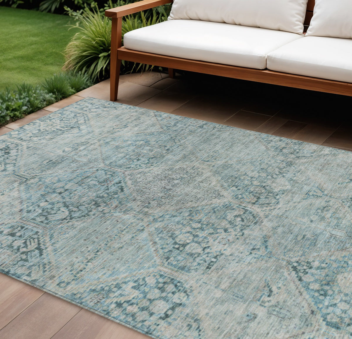 10 X 14 Blue And Silver Geometric Washable Indoor Outdoor Area Rug