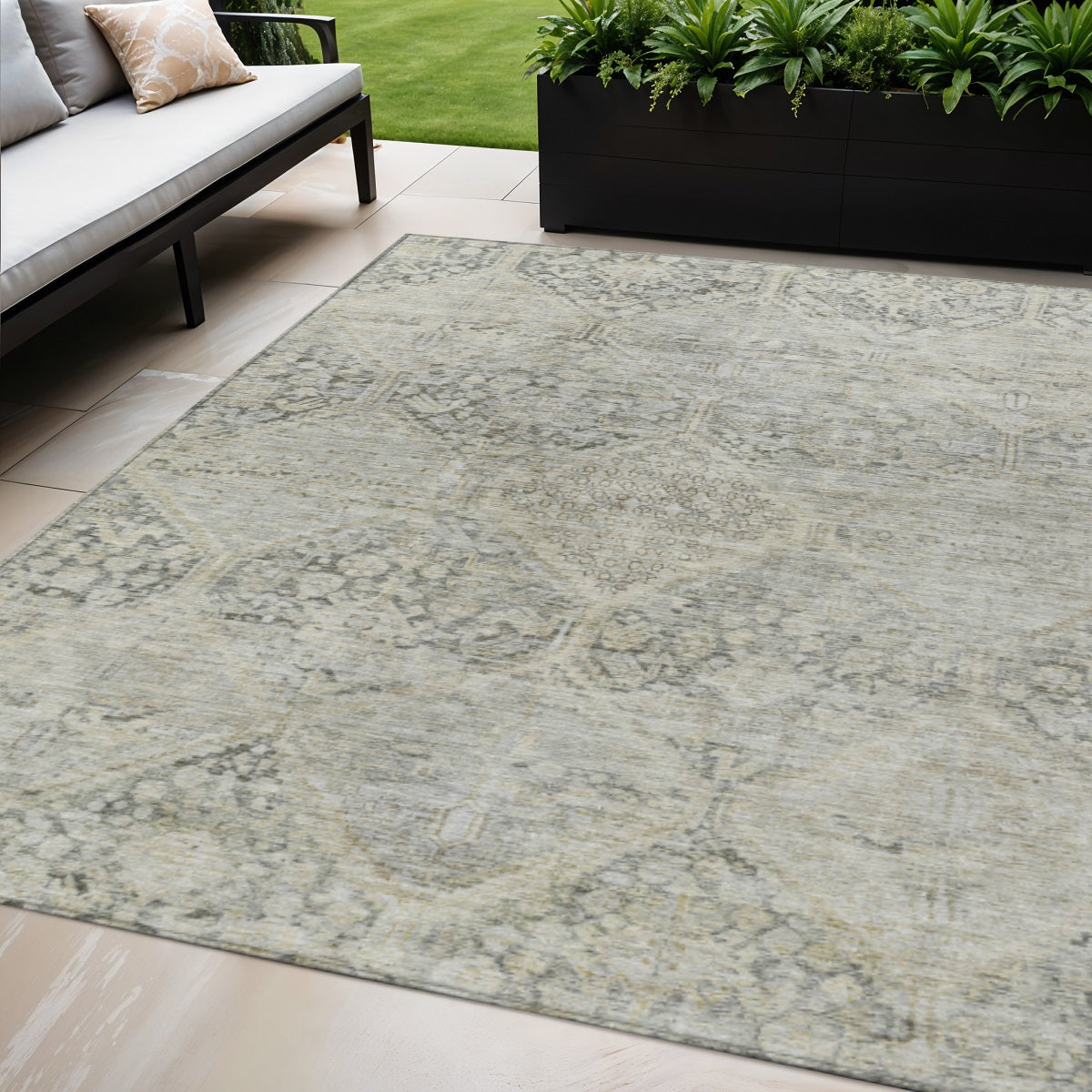 5 X 8 Pewter And Silver Geometric Washable Indoor Outdoor Area Rug