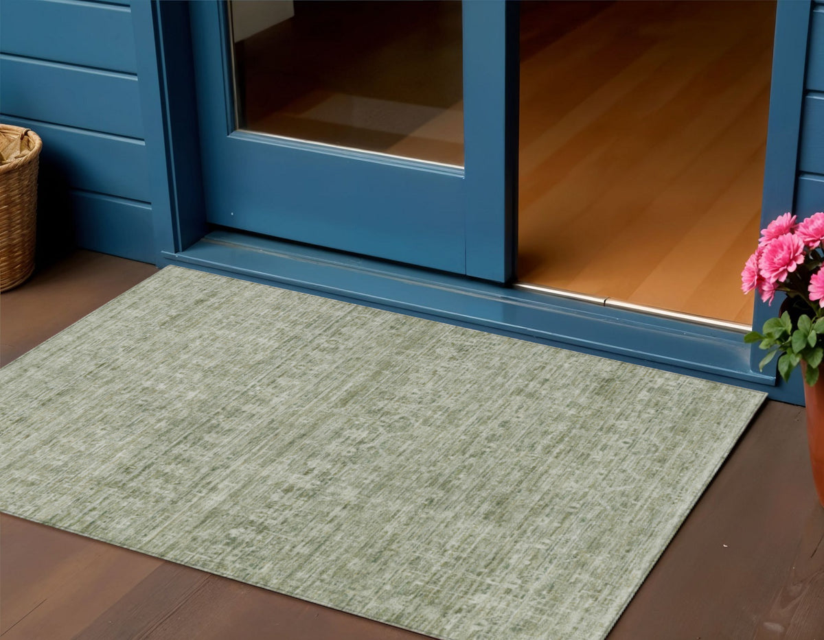 3 X 5 Sage And Beige Striped Washable Indoor Outdoor Area Rug
