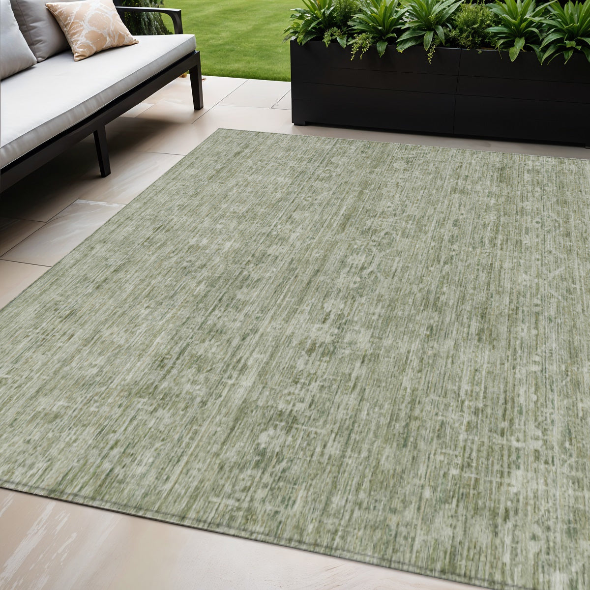 5 X 8 Sage And Beige Striped Washable Indoor Outdoor Area Rug