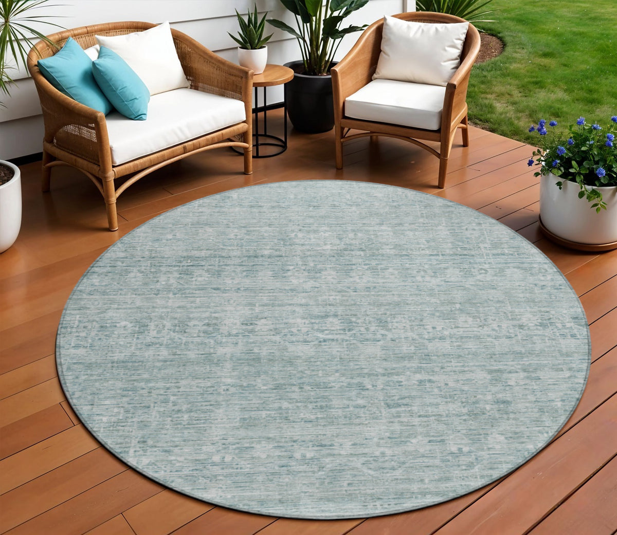 8 Turquoise And Ivory Round Striped Washable Indoor Outdoor Area Rug