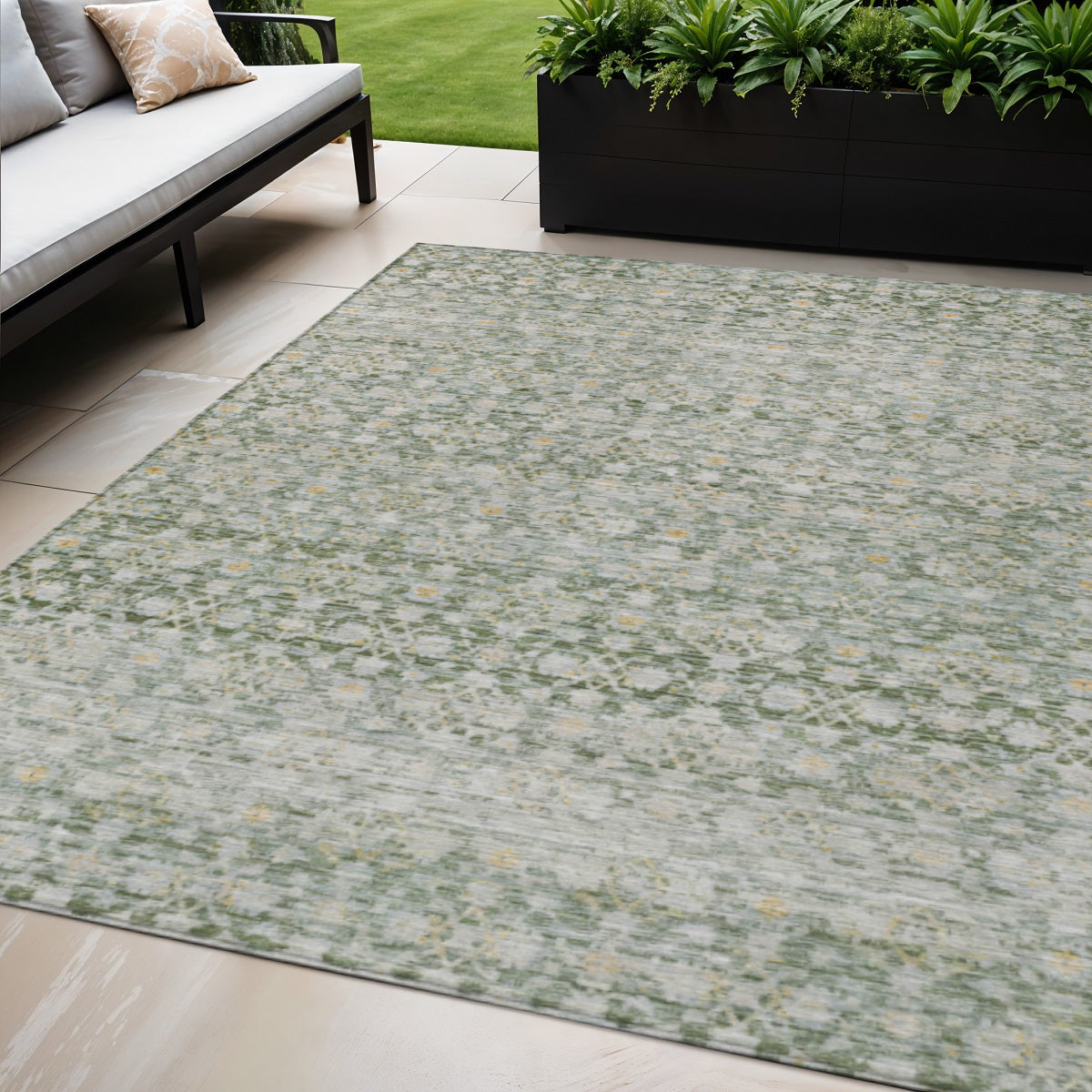 5 X 8 Green And Gold Striped Washable Indoor Outdoor Area Rug