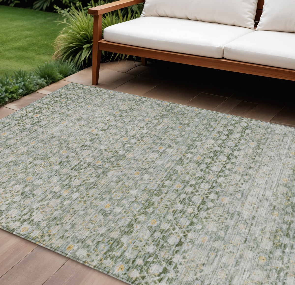 10 X 14 Green And Gold Striped Washable Indoor Outdoor Area Rug