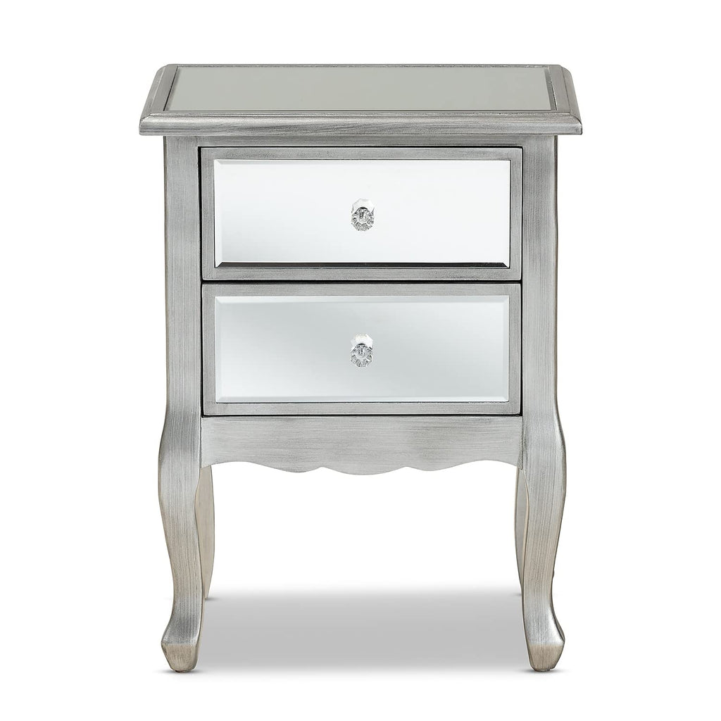 Baxton Studio Leonie 24.21-inch High 2-Drawer Nightstand, Silver and Mirror (162-10266-HiT)