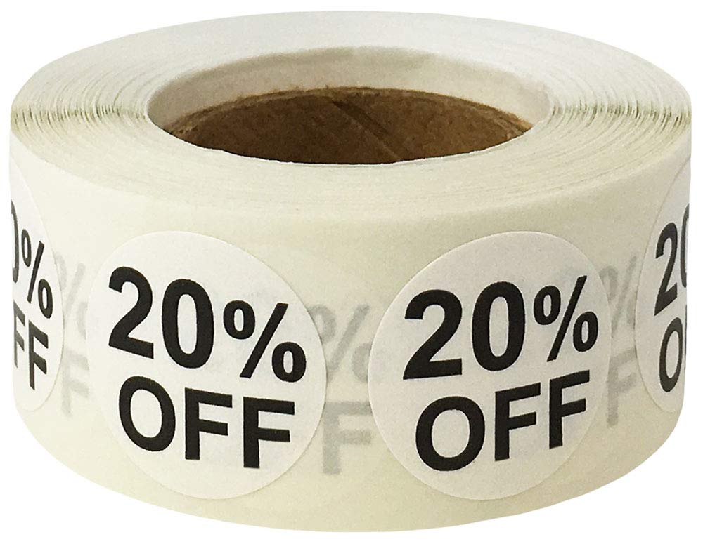 White 20% Percent Off Stickers For Retail 0.75 Inch 500 Adhesive Labels