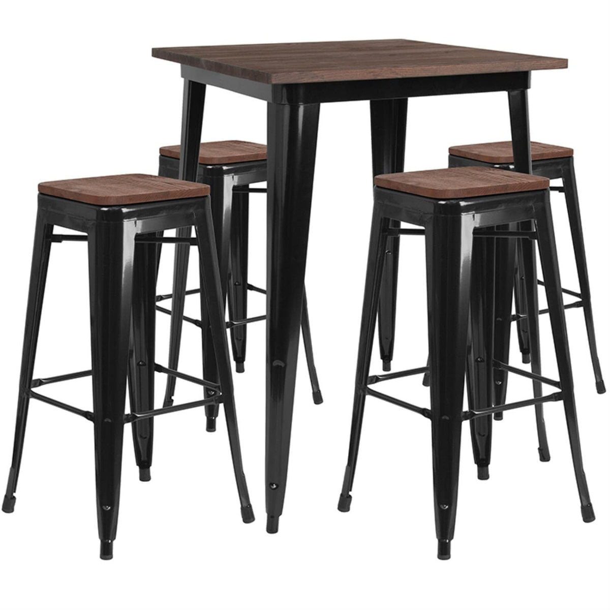 Flash Furniture 31.5&quot; Square Metal Bar Table Set With Wood Top And 4 Backless Stools, Black