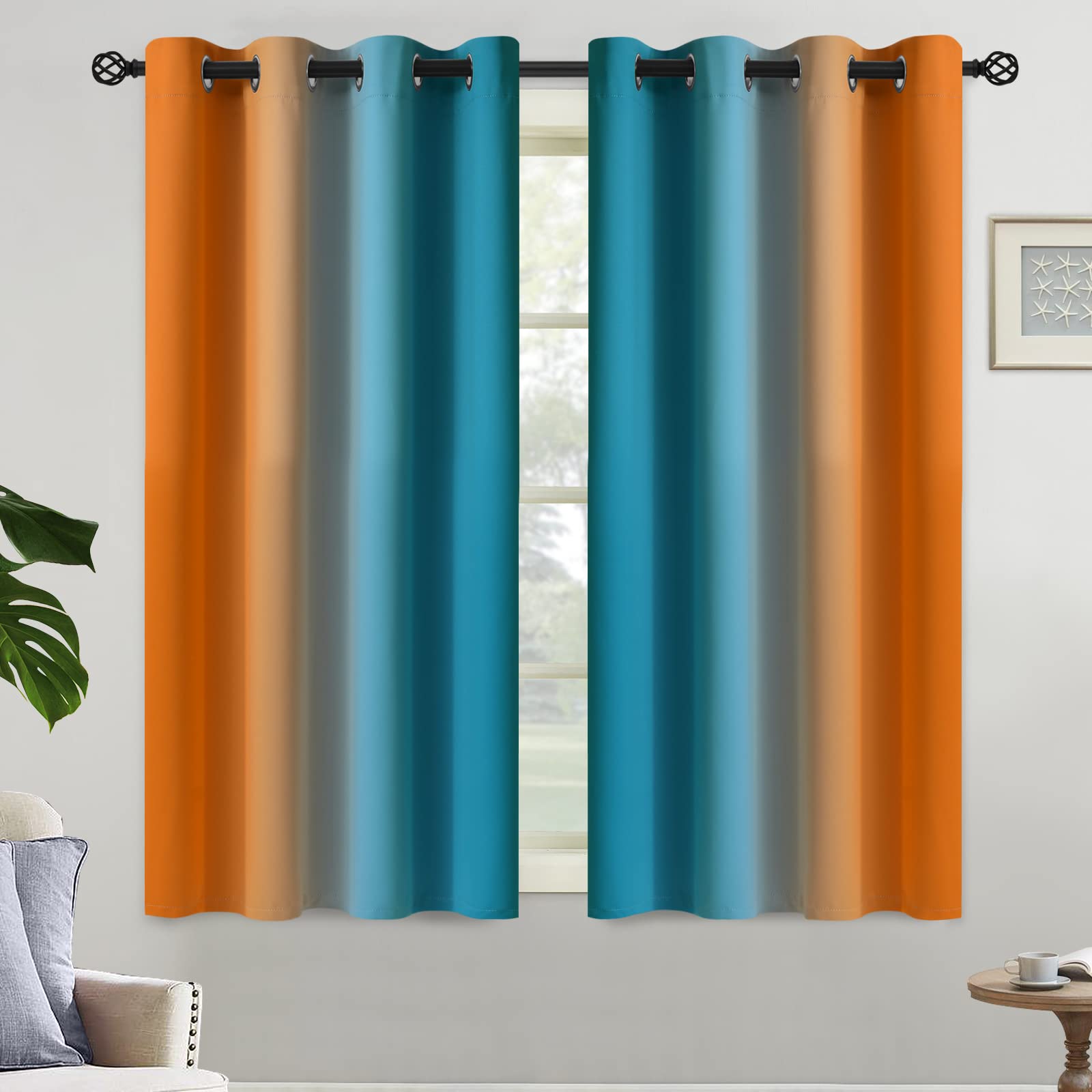 Yakamok Orange And Blue Blackout Curtains, Ombre Full Room Darkening Window Curtains For Living Room,Grommet Thermal Insulated D