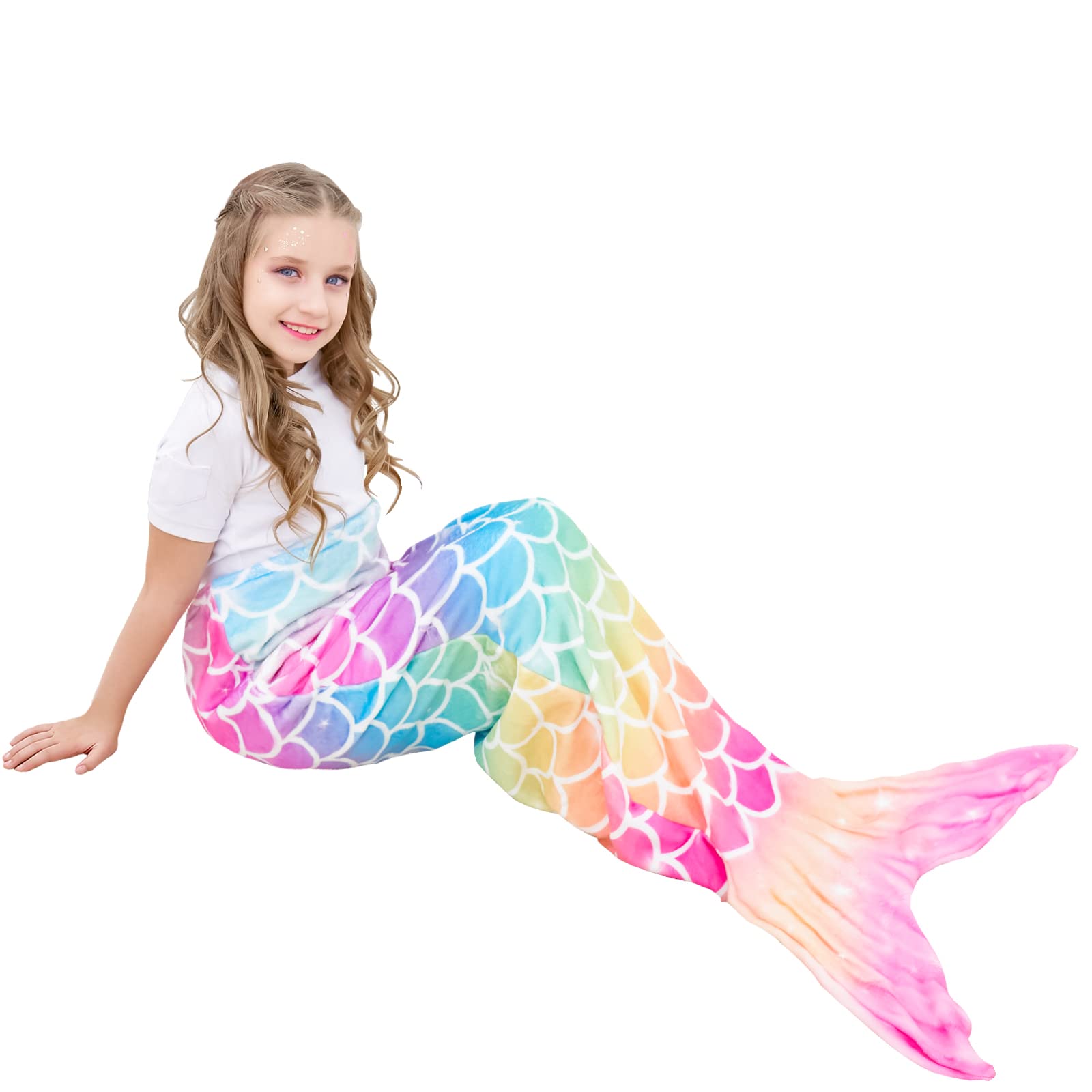 Mermaid Tail Blanket - Plush Mermaid Wearable Blanket For Girls Kids 110 X 40Cm All Seasons Soft Flannel Fleece Snuggle Blanket