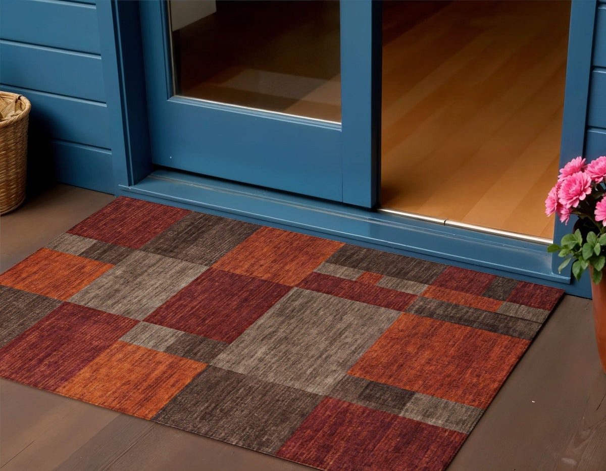 3 X 5 Chocolate Taupe And Orange Geometric Washable Indoor Outdoor Area Rug