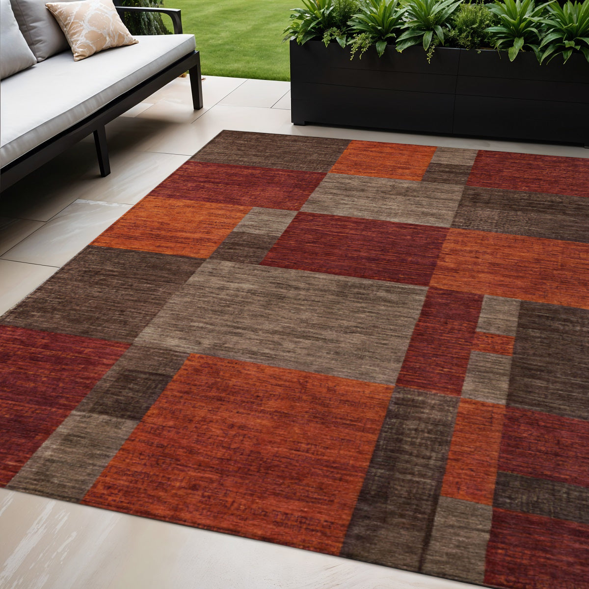 5 X 8 Chocolate Taupe And Orange Geometric Washable Indoor Outdoor Area Rug