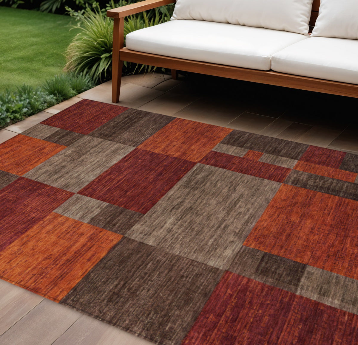 10 X 14 Chocolate Taupe And Orange Geometric Washable Indoor Outdoor Area Rug