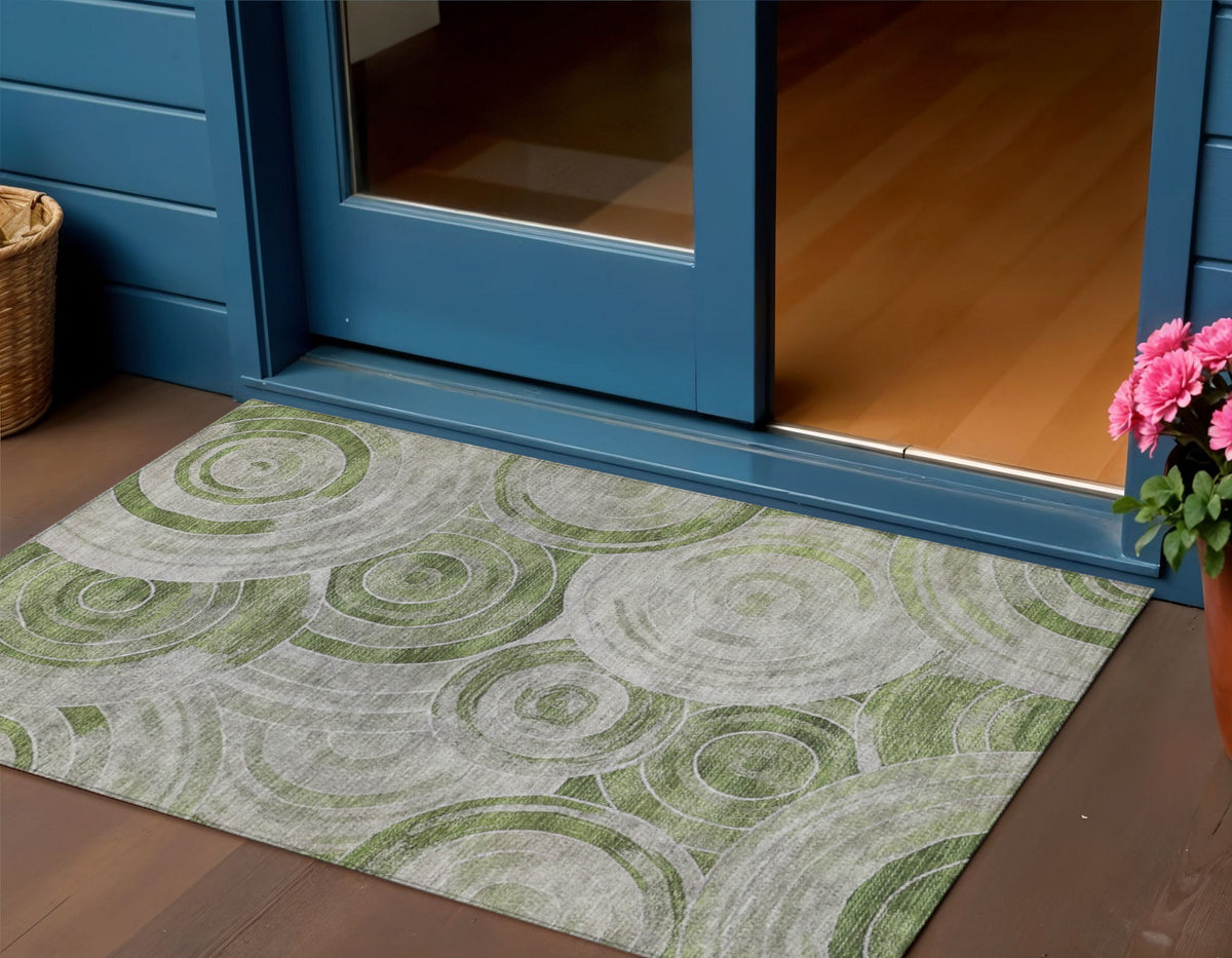 3 X 5 Artichoke Green And Silver Geometric Washable Indoor Outdoor Area Rug