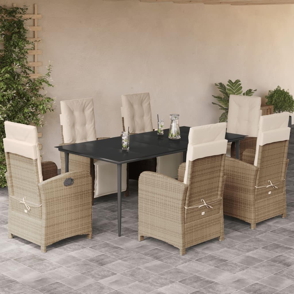 vidaXL 7 Piece Beige Patio Dining Set - PE Rattan & Cushions, Adjustable Reclining Chairs, Tempered Glass Tabletop