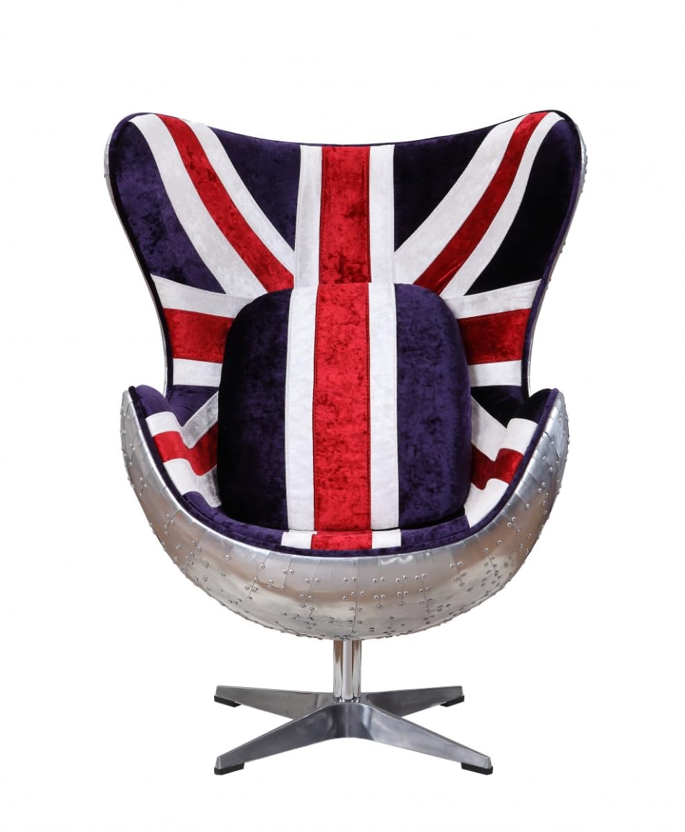 HomeRoots 488097 33 in. Velvet & Silver Great Britain Flag Swivel Lounge Chair Red White & Blue