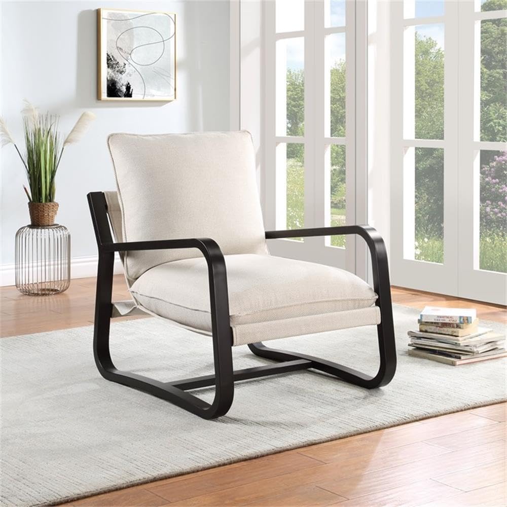 Comfort Pointe Sling Chair Upholstered in Oatmeal White Fabric with Metal Frame
