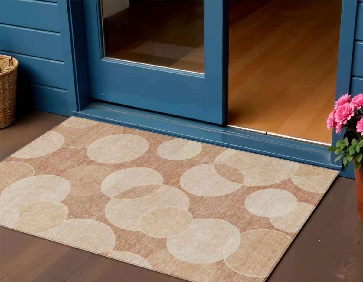 3 X 5 Coral And Peach Geometric Washable Indoor Outdoor Area Rug