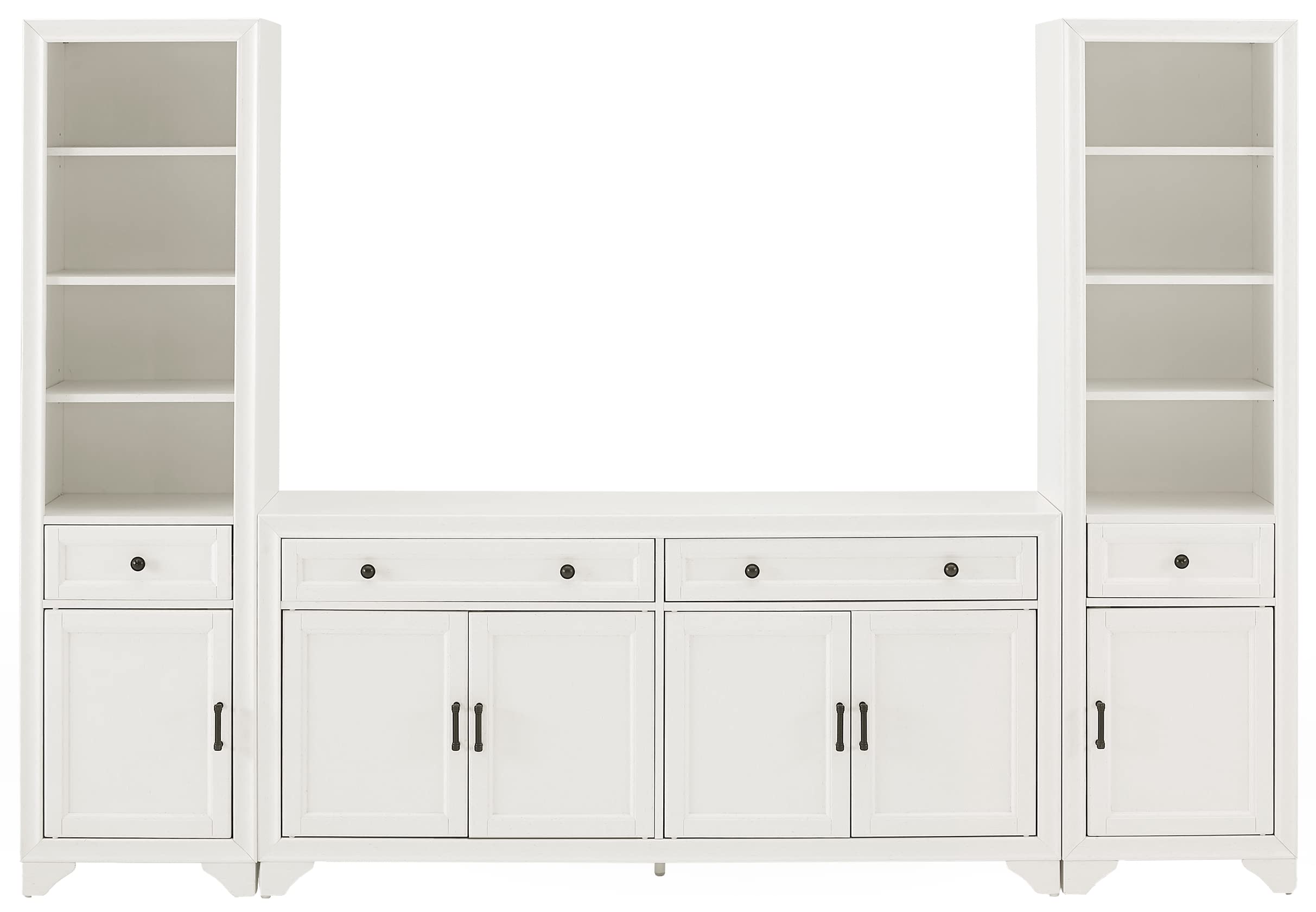 Crosley Furniture Tara 3-Piece Modern Farmhouse Sideboard Buffet Cabinet and Bookcase Set with Storage, Distressed White