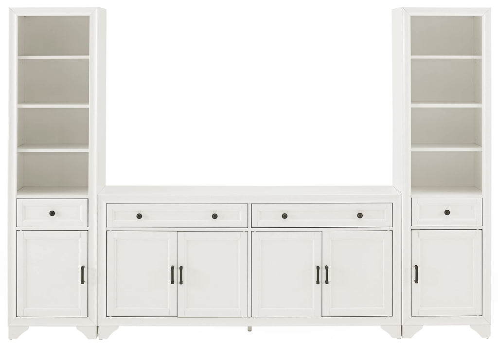 Crosley Furniture Tara 3-Piece Modern Farmhouse Sideboard Buffet Cabinet and Bookcase Set with Storage, Distressed White