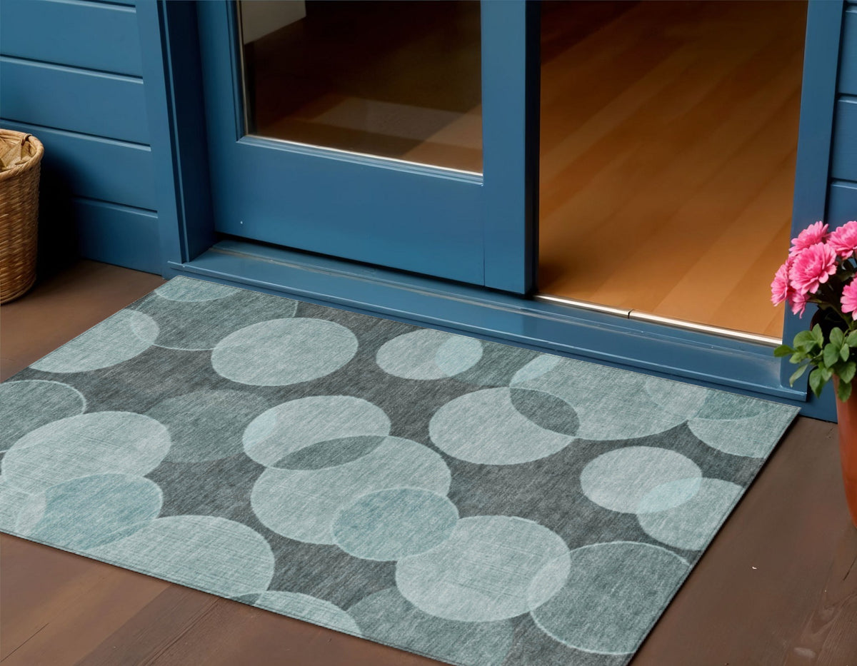 3 X 5 Teal Blue And Pale Aqua Geometric Washable Indoor Outdoor Area Rug