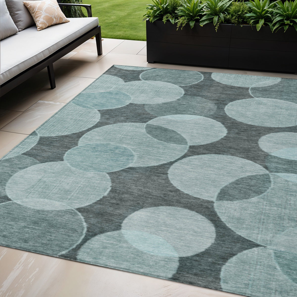 5 X 8 Teal Blue And Pale Aqua Geometric Washable Indoor Outdoor Area Rug