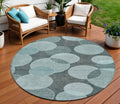 8 Teal Blue And Pale Aqua Round Geometric Washable Indoor Outdoor Area Rug