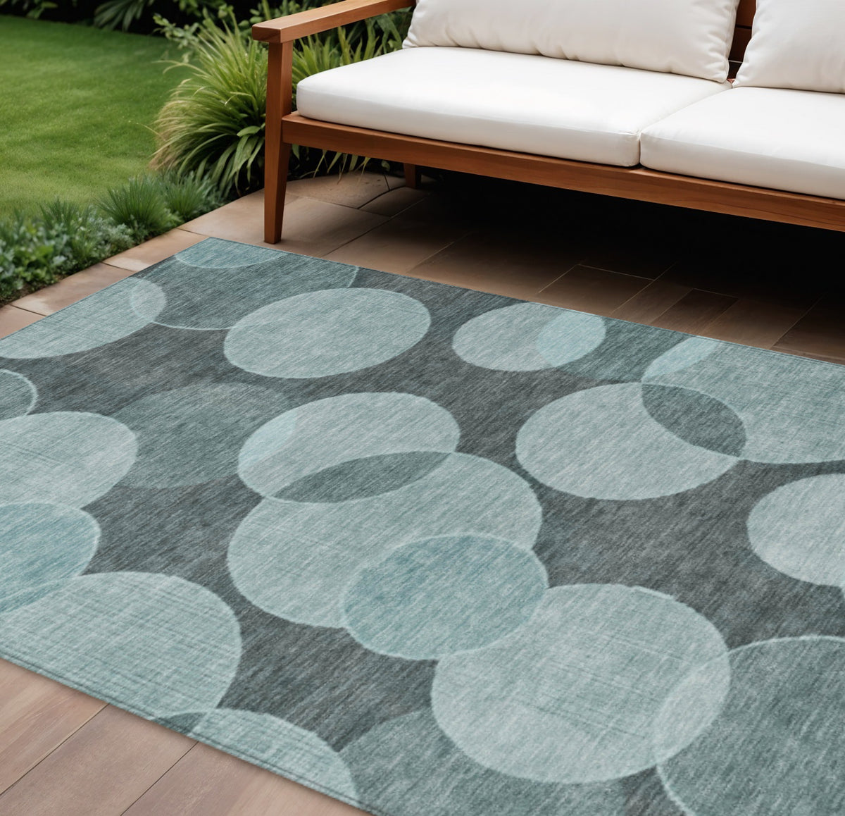 8 X 10 Teal Blue And Pale Aqua Geometric Washable Indoor Outdoor Area Rug
