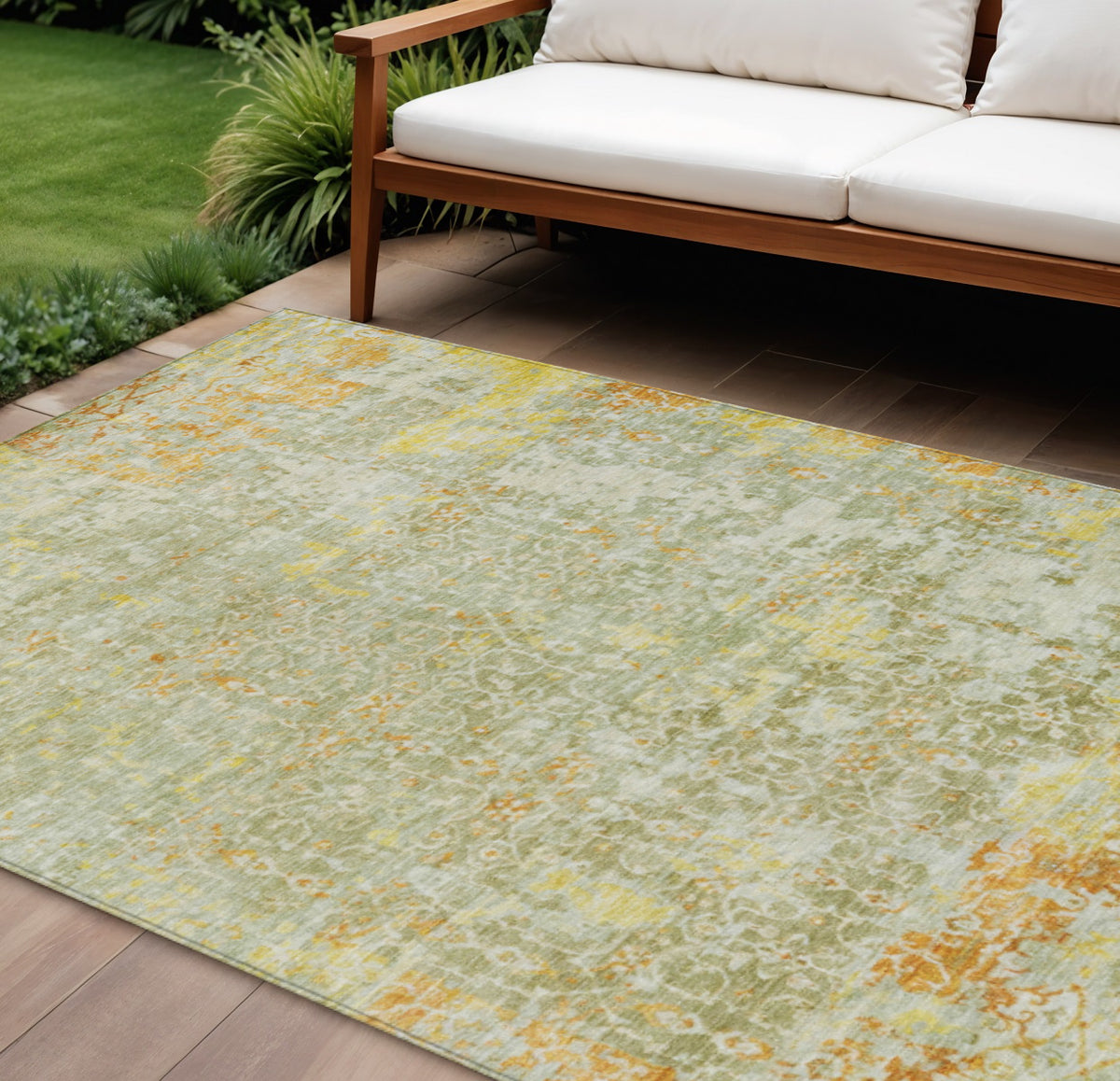 8 X 10 Sage And Gold Abstract Washable Indoor Outdoor Area Rug