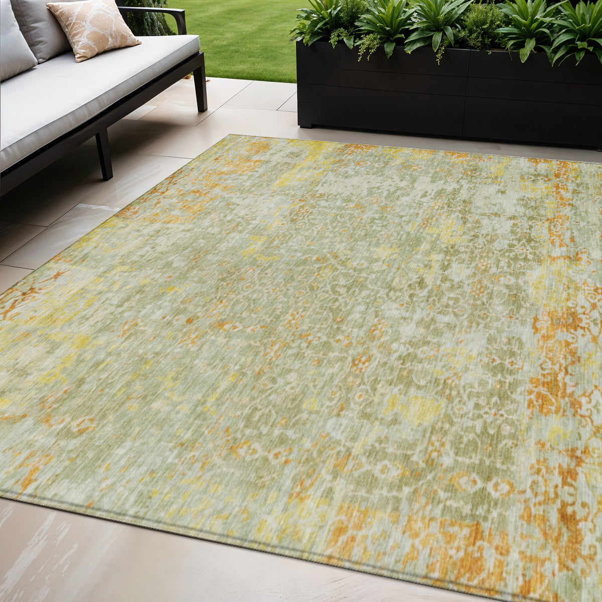 5 X 8 Beige And Gold Abstract Washable Indoor Outdoor Area Rug