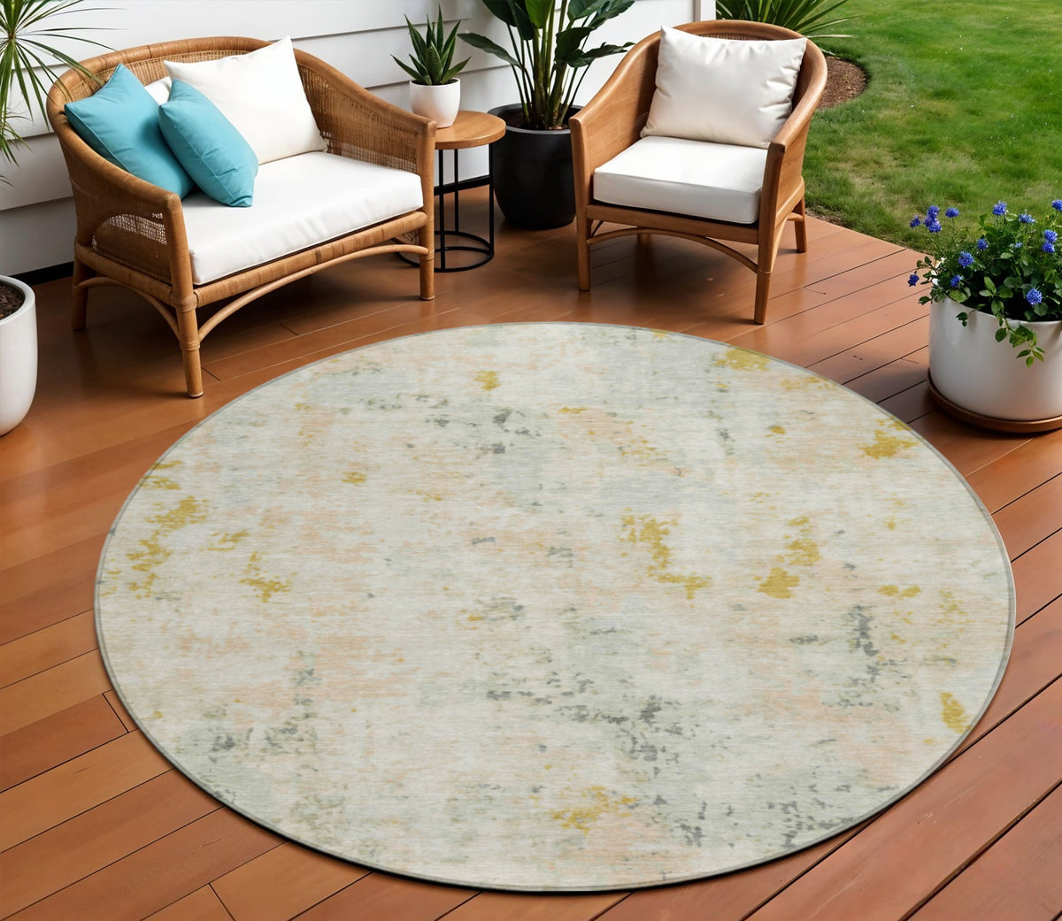 8 Beige And Gold Round Abstract Washable Indoor Outdoor Area Rug