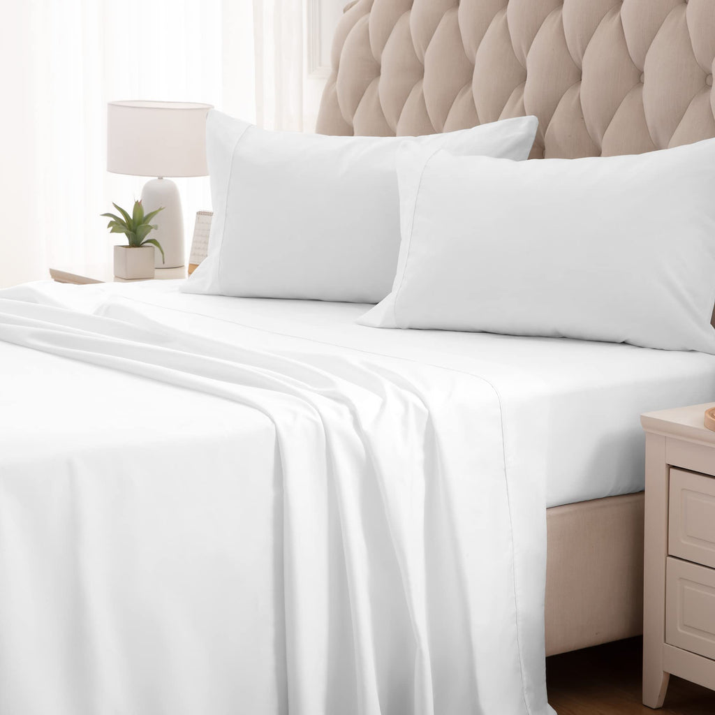 Sleep Zone Nanotex Super Soft Cooling Queen Bed Sheets Set 4 Piece - Easy Care Fitted Flat Sheet & Pillowcase Sets - Wrinkle Free, Fade Resistant, Deep Pocket 16' (White, Queen)