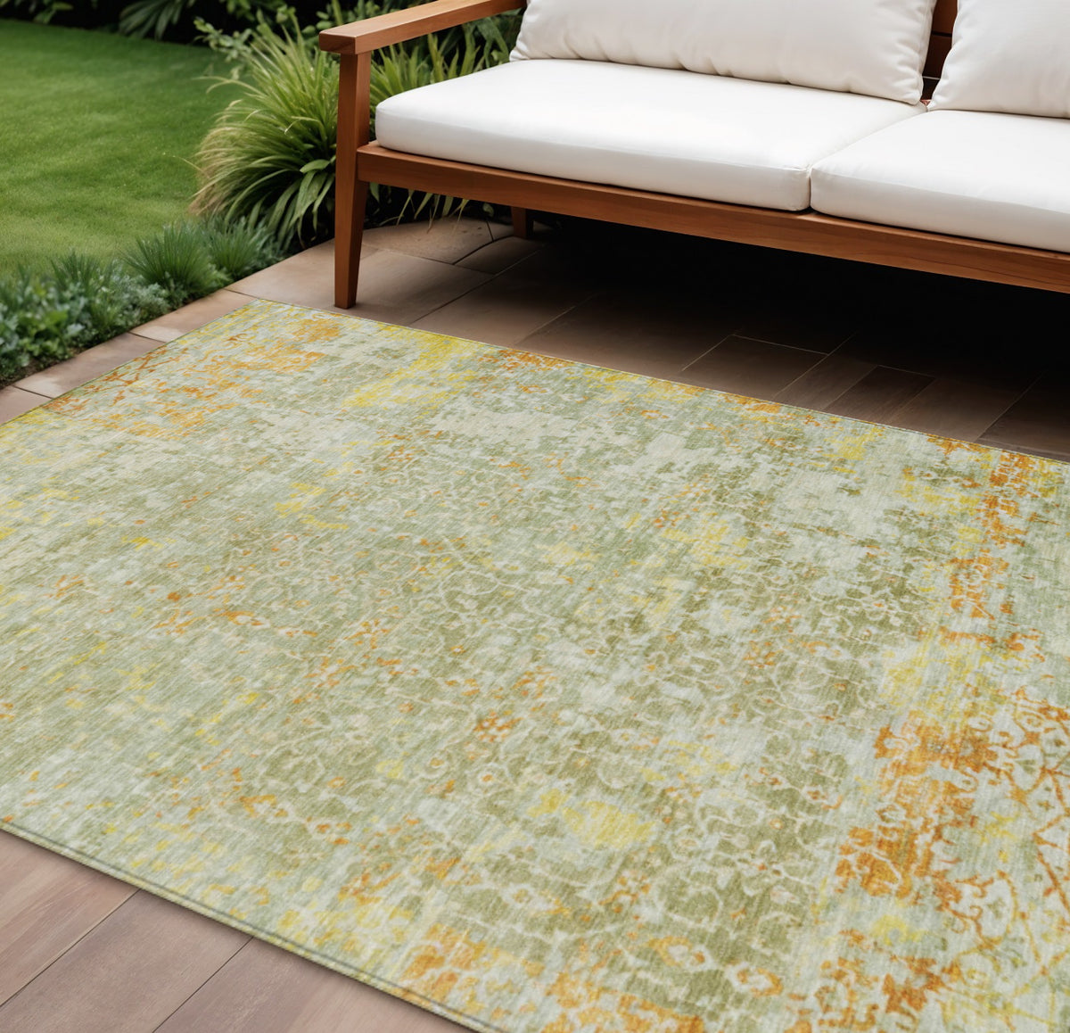 10 X 14 Beige And Gold Abstract Washable Indoor Outdoor Area Rug