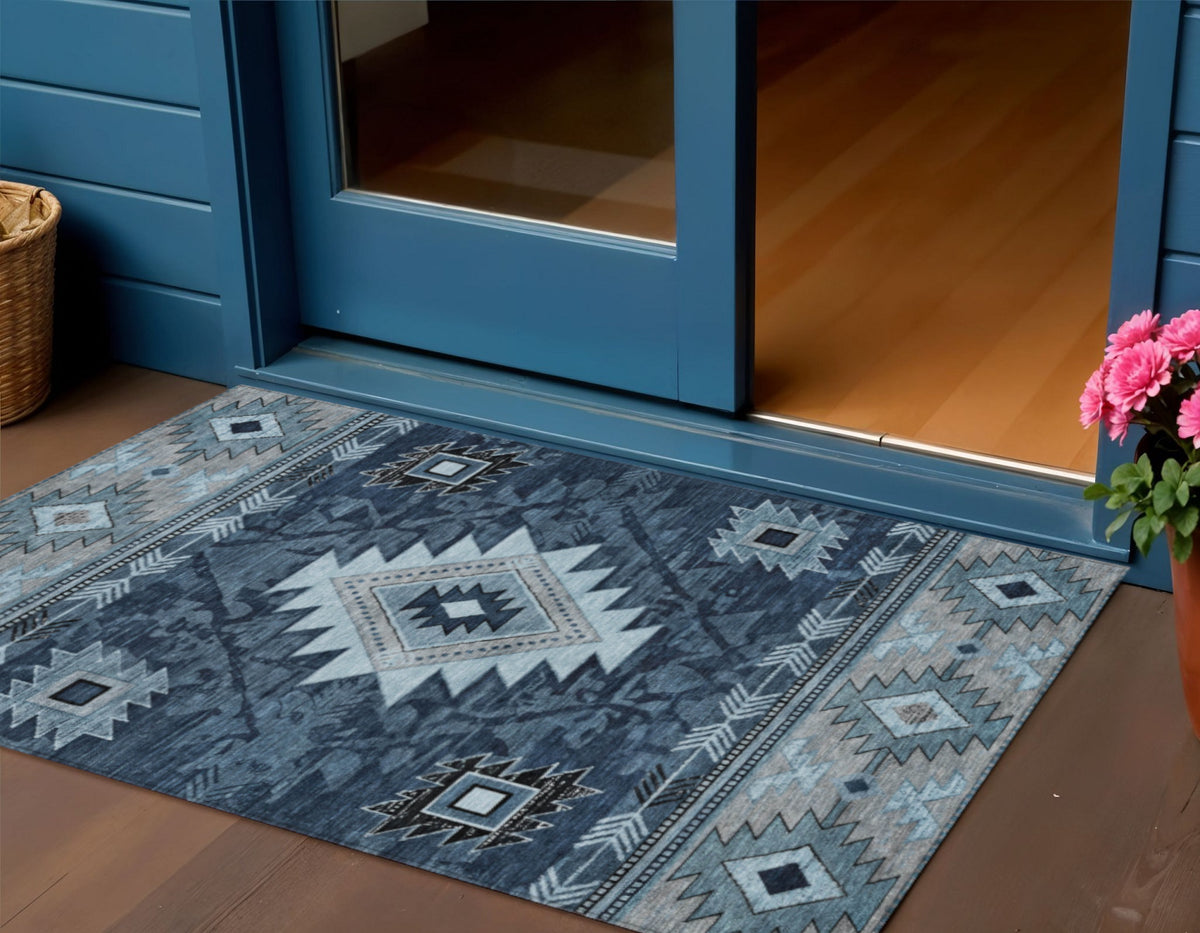 3 X 5 Blue Ivory And Charcoal Tribal Washable Indoor Outdoor Area Rug